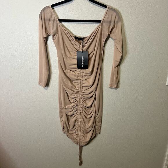 NWT PrettyLittleThing Tan Long Sleeve Ruched Mini Dress Size 8 - Picture 1 of 6